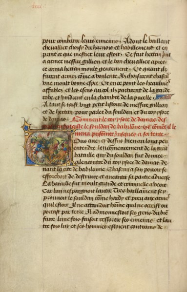Initial V: King Tarsus Capturing the Sultan; Roman de Gillion de Trazegnies, 1464. Creators: Lieven van Lathem, David Aubert.