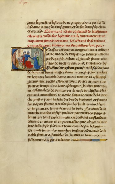 Initial C: Gillion's Sons Taking Leave of Their Mother Marie; Roman de Gillion de Trazegnies, 1464. Creators: Lieven van Lathem, David Aubert.