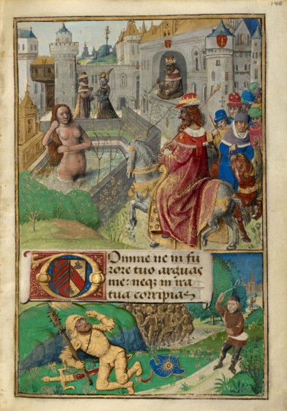 David and Bathsheba: David Slaying Goliath; Poncher Hours, about 1500. Creator: Master of Cardinal Bourbon.