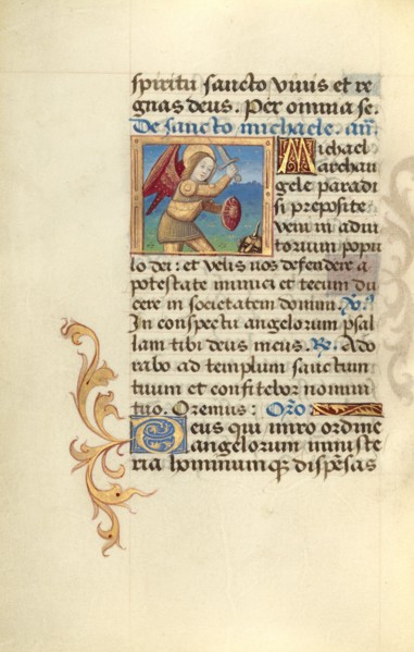 Archangel Michael and the Dragon; Poncher Hours, about 1500. Creator: Master of Jacques de Besancon.