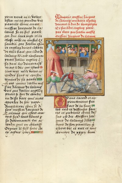 Jacques de Lalaing Defeating an English Esquire before the Duke of Burgundy, about 1530. Creator: Master of the Getty Lalaing.