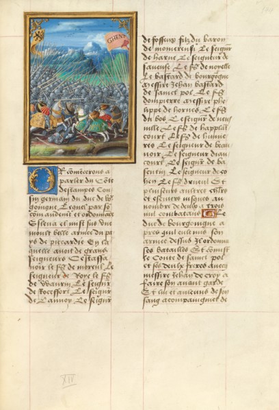 The Battle at the Bridge over the River Scheldt; Livre des faits de Jacques de Lalaing, about 1530. Creator: Master of the Getty Lalaing.