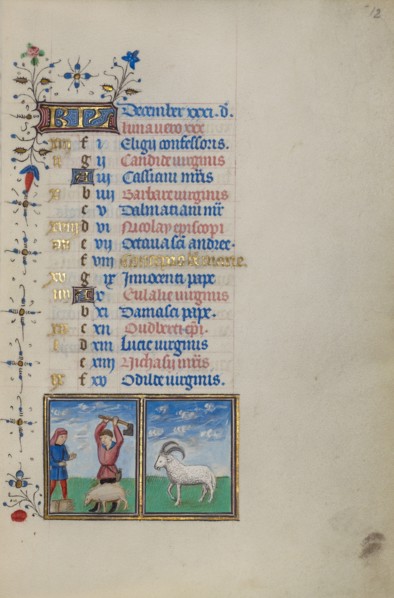 Calendar Page for December: Slaughtering a Pig: Capricorn; Book of Hours, about 1450-1455. Creator: Master of the Lee Hours.