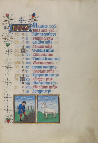 Calendar Page for March: Digging: Aries; Book of Hours, about 1450-1455. Creator: Master of the Lee Hours.