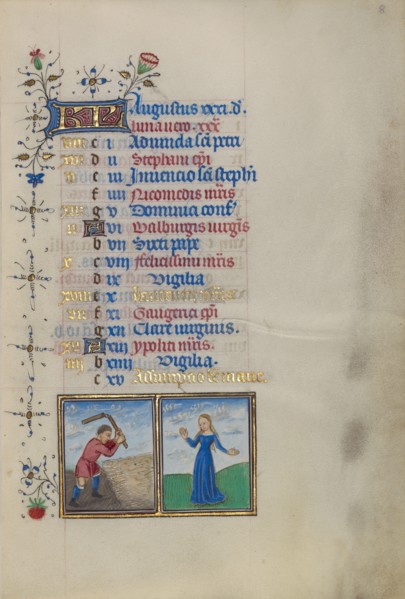 Calendar Page for August: Threshing: Virgo; Book of Hours, about 1450-1455. Creator: Master of the Lee Hours.