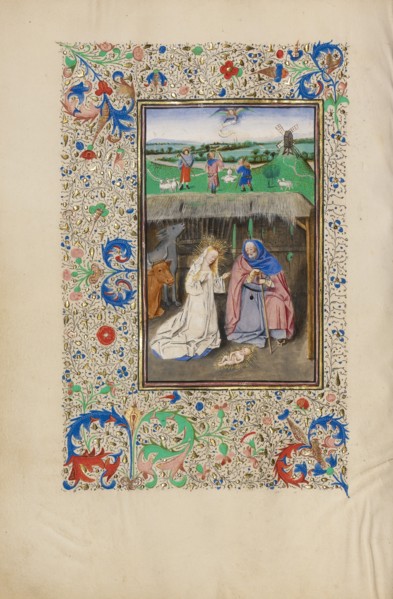 The Nativity and The Annunciation to the Shepherds; Llangattock Hours, 1450s. Creator: Master of the Llangattock Hours.