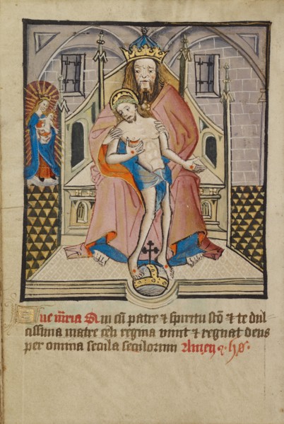 God the Father and Son with the Virgin; Illustrated Vita Christi..., about 1480-1490. Creator: Unknown.