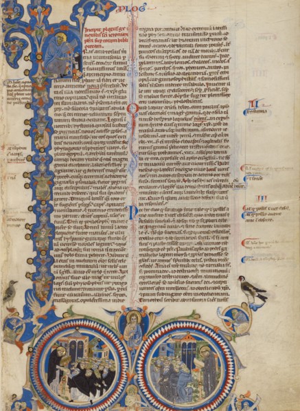 Initial F: Christ with Saints Jerome, Dominic, and Francis; Abbey Bible, about 1250-1262. Creator: Unknown.