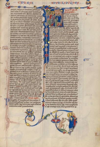 Initial P: Saints Paul and Barnabas with a disabled man at Lystra; Abbey Bible, about 1250-1262. Creator: Unknown.