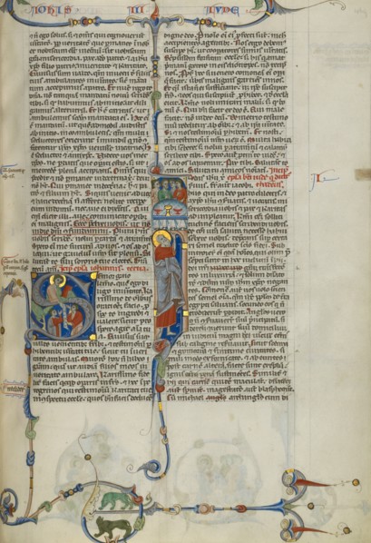 Initial S: Saint John Handing a Scroll to Two Men: Initial I: Saint Jude..., about 1250-1262. Creator: Unknown.