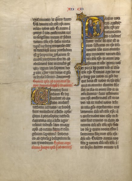 Initial P: Saint Paul Giving a Book to a Messenger; Concluding Volume of a Bible, about 1260-1270. Creator: Unknown.