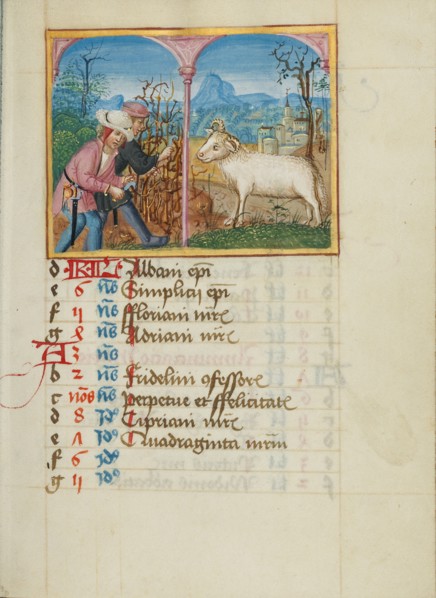 March Calendar Page: Pruning Trees: Aries; Book of Hours, early 16th century. Creator: Unknown.