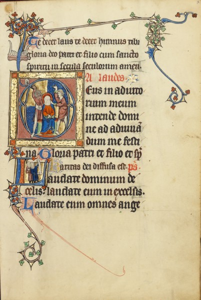Initial A: The Mocking of Christ: Initial L: Two Men Holding Scrolls; Ruskin Hours, about 1300. Creator: Unknown.
