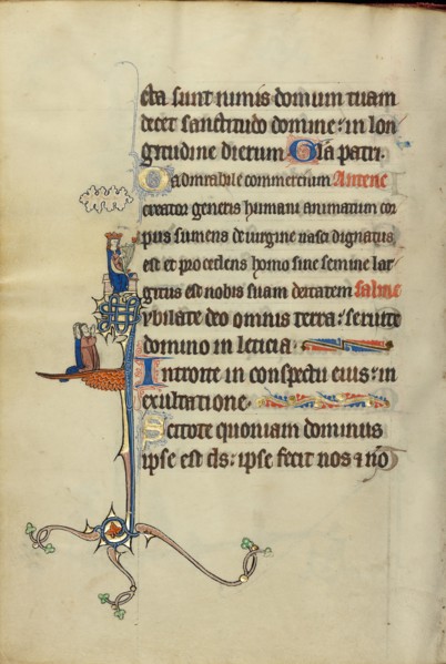 Initial J: David Playing the Harp and Two Persons Praying; Ruskin Hours, about 1300. Creator: Unknown.