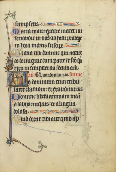 Initial A: A Devil Aiming with a Bow and Arrow at a Kneeling Man in Prayer; Ruskin Hours, about 1300 Creator: Unknown.