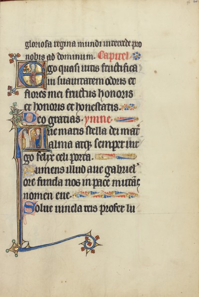 Initial E: A Female Saint (Mary?) with a Book and Flowers: Initial A: The Annunciation, about 1300. Creator: Unknown.
