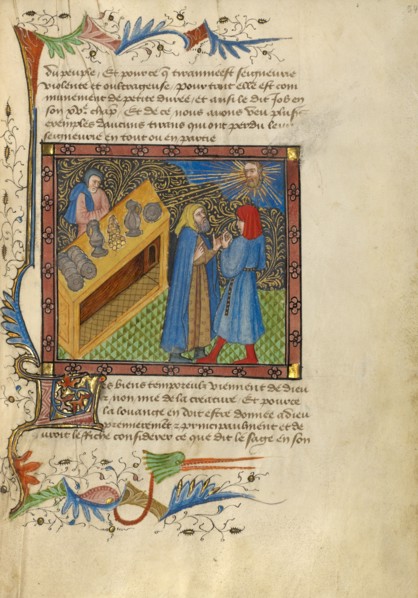 Two Men Standing before a Bench of Money, Plates, and Goblets; Livre de Bonnes Moeurs, about 1430. Creator: Unknown.