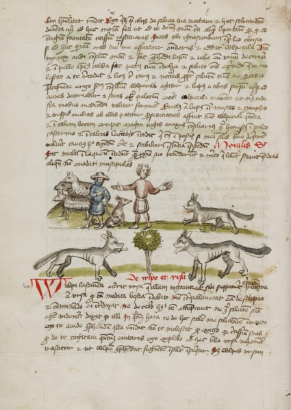 A Shepherd with his Dog and Flock: A Man Chasing Away a Wolf; Fables, third quarter of 15th century. Creator: Unknown.