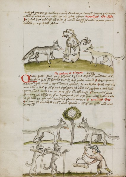 Fox and Wolf before a Lion: Two Wolves under a Tree Dragging Bales..., third quarter of 15th cent. Creator: Unknown.