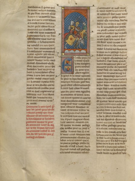 King Hoel Fighting Kahedin and the Seneschal Keu on a Bridge, about 1320-1340. Creator: Unknown.