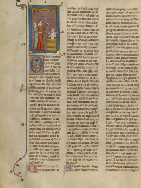 Queen of Ireland Restrained from Killing Tristan, about 1320-1340. Creator: Unknown.