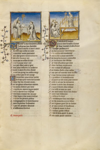 The God of Love Giving a Crosier and a Miter to Genius: Genius Reading a Scroll..., about 1405. Creator: Unknown.