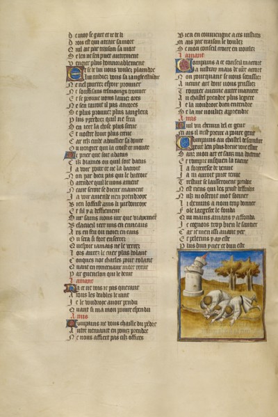 Three Men Cast to the Ground as the Castle of Generosity Collapses; Roman de la Rose, about 1405. Creator: Unknown.