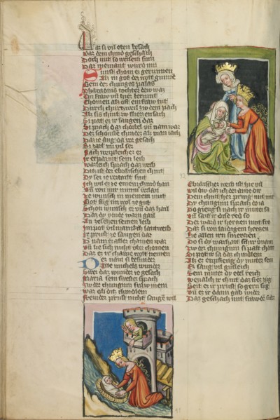 The Finding of Moses: A Handmaid of Pharaoh's Daughter Nurses Moses; Weltchronik, about 1400-1410. Creator: Unknown.