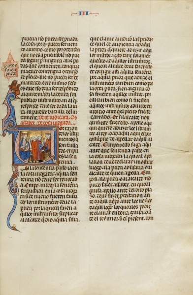 Initial P: A King and a Judge Speaking to Two Men; Vidal Mayor, about 1290-1310. Creator: Unknown.