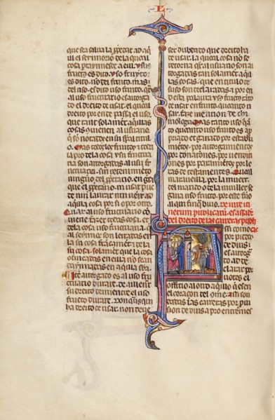 Initial A: A Man before a King and A Man within a Doorway Receiving the Body..., about 1290-1310. Creator: Unknown.