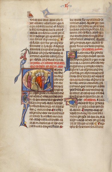 Initial U: A Man Pointing to a Heap of Grain and Two Men before a Judge, about 1290-1310. Creator: Unknown.