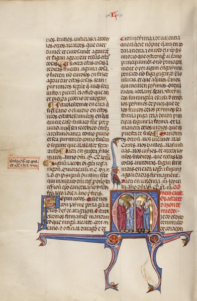 Initial M: A Man Giving Money to Another Man and Two Men Fighting; Vidal Mayor, about 1290-1310. Creator: Unknown.