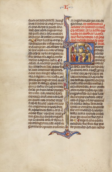 Initial R: Two Men Transacting the Sale of a Horse and Four Men before a Judge, about 1290-1310. Creator: Unknown.