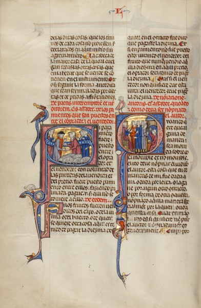 Initial S: Two Men Shaking Hands after a Sale of Sheep: Initial Q: Three Men..., about 1290-1310. Creator: Unknown.