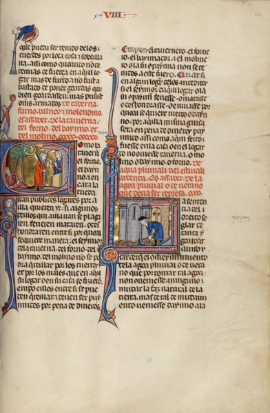 Initial C: A Wounded Man Lying under a Tree and a Man with a Sword Speaking..., about 1290-1310. Creator: Unknown.
