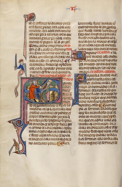 Initial S: Two Men Fighting with Swords; Vidal Mayor, about 1290-1310. Creator: Unknown.
