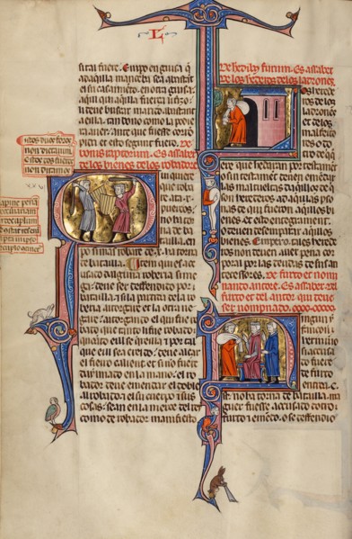 Initial Q: Two Men Fighting with Clubs: Initial L: A Man Leaving a House with..., about 1290-1310. Creator: Unknown.
