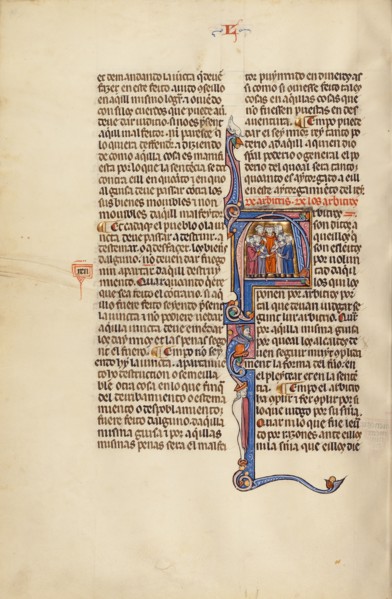 Initial A: A Judge Speaking to Two Groups; Vidal Mayor, about 1290-1310. Creator: Unknown.