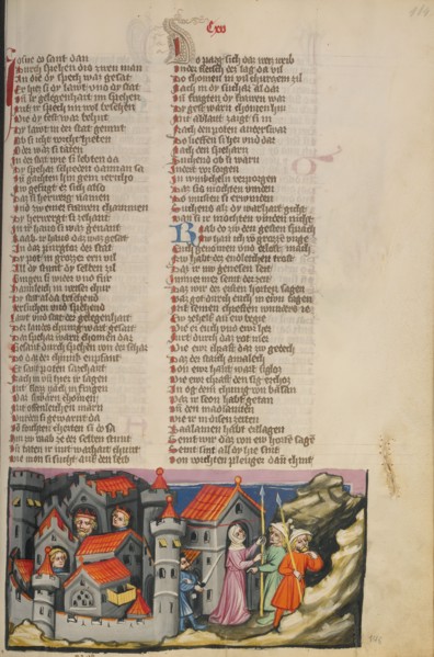Rehab Hiding the Spies in Jericho; Weltchronik, about 1400-1410. Creator: Unknown.