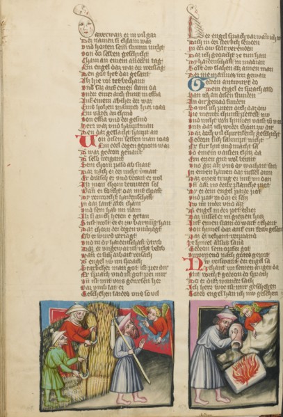 An Angel Appearing to Gideon: Gideon's Sacrifice; Weltchronik, about 1400-1410. Creator: Unknown.