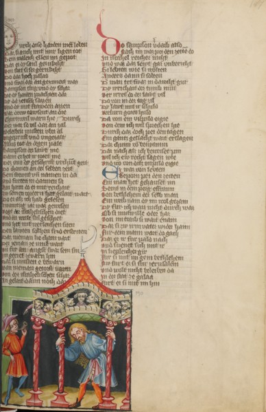 Samson Pulling Down the Pillars of the Palace; Weltchronik, about 1400-1410. Creator: Unknown.