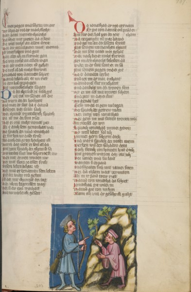 Jonathan Giving his Bow to David; Weltchronik, about 1400-1410. Creator: Unknown.