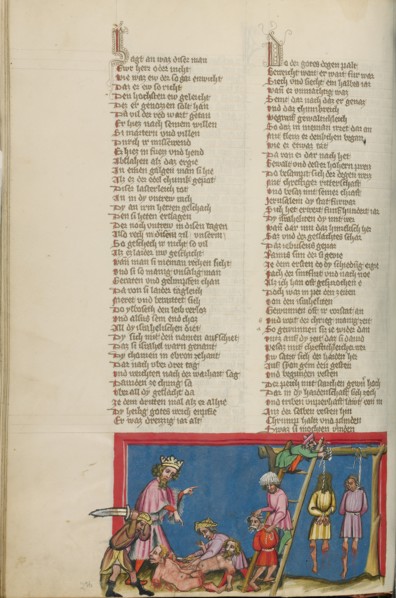 The Hanging of Ishbosheth's Murderers; Weltchronik, about 1400-1410. Creator: Unknown.