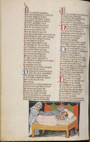 Elisha Raising a Woman's Dead Child; Weltchronik, about 1400-1410. Creator: Unknown.