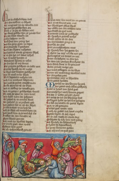 Moses Breaking the Tablets of the Law and Burning the Golden Calf; Weltchronik, about 1400-1410. Creator: Unknown.