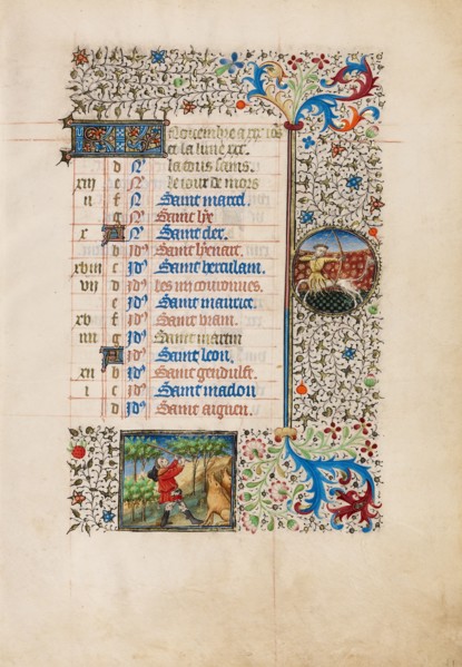 November Calendar Page: Gathering Acorns for Pigs: Sagittarius; Book of Hours, about 1440-1450. Creator: Workshop of the Bedford Master.