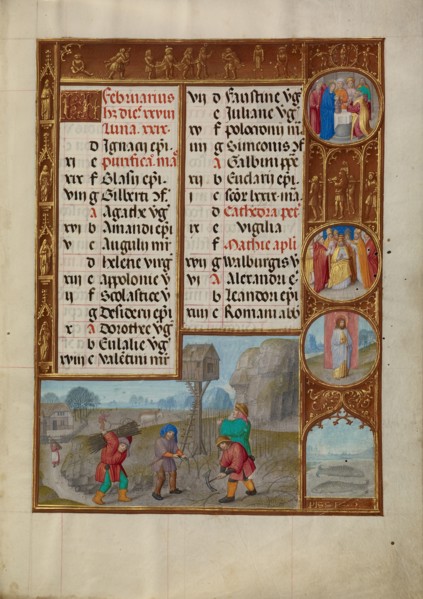 February Calendar Page: Working in a Vineyard: Pisces; Spinola Hours, about 1510-1520. Creator: Workshop of the Master of James IV of Scotland.