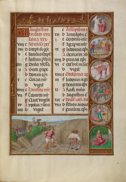 August Calendar Page: Reaping: Virgo; Spinola Hours, about 1510-1520. Creator: Workshop of the Master of James IV of Scotland.