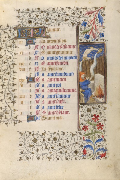 A Man Warming Himself by a Fire; January: Aquarius; Book of Hours; about 1415-1420. Creator: Workshop of the Master of the Rohan Hours.