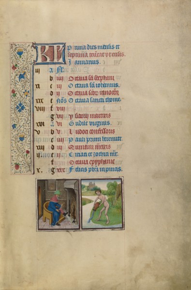 January Calendar Page: Keeping Warm: Aquarius; Arenberg Hours, early 1460s. Creator: Workshop of Willem Vrelant.